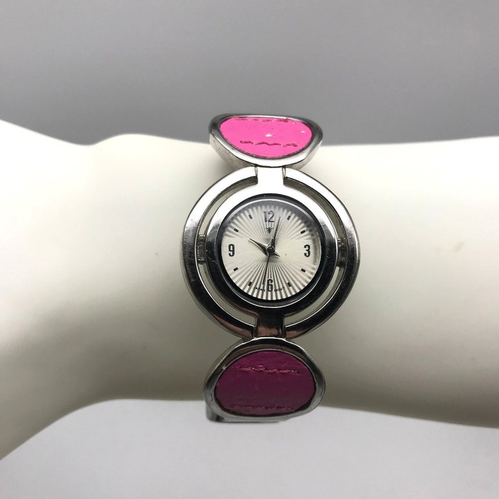 Women's Pink Silver Tone Analog Quartz Cuff Watch New Battery